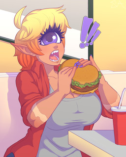 1_eye breasts burger cleavage clothed clothing colored_nails exclamation_point eyelashes female food hair holding_food holding_object humanoid_pointy_ears looking_at_viewer multicolored_hair nails not_furry open_mouth pointy_ears purple_eyes short_hair solo two_tone_hair souladdicted viviana_(souladdicted) cyclops humanoid 2018 4:5 absurd_res digital_media_(artwork) hi_res