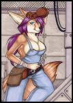 anthro big_breasts black_border blue_eyes border breasts cleavage clothed clothing ear_piercing female fur gloves hair handwear long_hair looking_at_viewer mechanic overalls piercing purple_hair solo tomboy tool_belt tools worker wraps wrench wrist_wraps korrok canid canine fennec_fox fox mammal true_fox 2010 marker_(artwork) traditional_media_(artwork)