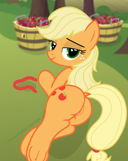 anus apple bedroom_eyes bodily_fluids butt clitoris dock_(anatomy) female feral food fruit genital_fluids genitals half-closed_eyes looking_at_viewer looking_back narrowed_eyes outside plant puffy_anus seductive smile solo tail vaginal_fluids vulva shutterflyeqd friendship_is_magic hasbro my_little_pony applejack_(mlp) earth_pony equid equine horse mammal pony 2015 hi_res