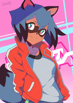 anthro black_body black_fur black_hair black_nose blue_body blue_eyes blue_fur blue_hair breasts brown_body brown_fur clothed clothing female fluffy fluffy_tail fully_clothed fur hair hands_behind_back jacket looking_at_viewer multicolored_body multicolored_fur multicolored_hair open_clothing open_jacket open_topwear shirt short_hair smile solo tail text topwear darahan brand_new_animal studio_trigger michiru_kagemori canid canine mammal raccoon_dog tanuki 2020 english_text half-length_portrait portrait