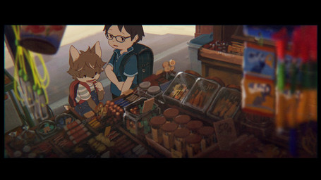 anthro backpack black_border blue_clothing blue_shirt blue_topwear border candy_shop clothing duo eyewear glasses kemono male male/male overalls pattern_clothing pattern_shirt pattern_topwear red_backpack shirt striped_clothing striped_shirt striped_topwear stripes topwear young young_anthro young_human young_male nishiko24 ookami_(nishiko24) canid canine canis human mammal wolf 16:9 2019 hi_res japanese_description widescreen