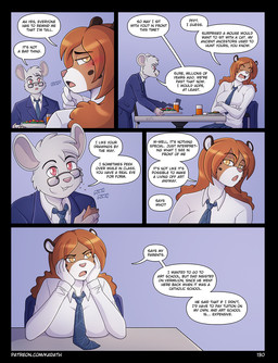 5_fingers accessory anthro beverage black_border border brown_body brown_fur cafeteria chair clothed clothing dialogue duo eating female fingers food fur furniture hair juice_(beverage) male markings multicolored_body multicolored_fur necktie orange_juice page_number pink_nose school_uniform speech_bubble spots spotted_body spotted_fur table text two_tone_body two_tone_fur uniform white_body white_fur conditional_dnp kadath eugene_(kadath) regina_(kadath) domestic_cat felid feline felis mammal mouse murid murine rodent comic digital_media_(artwork) english_text hi_res shaded url