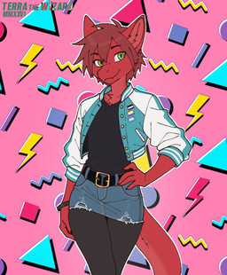 1990s_theme abstract_background anthro asexual_pride_colors belt belt_buckle biped black_belt black_bracelet black_clothing black_shirt black_topwear blue_bottomwear blue_clothing blue_jacket blue_skirt blue_topwear bottomwear bracelet brown_clothing brown_legwear buckle button_(fastener) cheek_tuft claws closed_smile clothed clothing countershade_ears countershade_fur countershade_neck countershade_tail countershading cropped_jacket crossdressing denim denim_bottomwear denim_clothing denim_skirt eye_through_hair eyebrow_through_hair eyebrows facial_tuft femboy finger_claws flesh_fang front_view fully_clothed fur green_eyes hair hand_on_hip hand_on_own_hip inner_ear_fluff jacket jewelry legwear lgbt_pride male mouth_closed multicolored_clothing multicolored_topwear nonbinary_pride_colors pink_background pockets pointy_ears prick_ears pride_colors pupils red_body red_countershading red_fur red_hair shirt short_hair simple_background skirt slit_pupils smile snout solo tail tapering_tail text topwear transgender_pride_colors translucent translucent_hair tuft two_tone_clothing two_tone_jacket two_tone_topwear unbuttoned white_clothing white_jacket white_topwear terrathewizard mythology terra_(terrathewizard) canid canine canis dragon furred_dragon furred_scalie hybrid mammal mythological_creature mythological_scalie scalie wingless_dragon wolf 2026 artist_name dated digital_drawing_(artwork) digital_media_(artwork) hi_res portrait three-quarter_portrait andromorph_(lore)