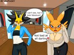 anthro blue_eyes closet_room clothing duo eyewear female female/female fur glasses looking_at_viewer mirror pose white_body white_fur yellow_body yellow_fur artmaphoxy bandai_namco digimon nintendo pokemon digi_(yourdigimongirl) maphoxy canid delphox digimon_(species) generation_6_pokemon mammal pokemon_(species) renamon hi_res