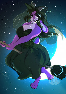 alternative_fashion anthro black_clothing black_dress black_hair breasts broom broom_riding claws cleaning_tool cleavage clothed clothing crescent_moon dress feet female fur goth hair hat headgear headwear horn moon night open_mouth open_smile outside paws purple_body purple_fur sky smile solo star starry_sky veil veiled_hat ferwanwan lagomorph leporid mammal rabbit 2023 character_request hi_res watermark