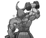 anthro back_muscles barazoku biceps big_muscles bodily_fluids bottomwear clothed clothing dumbbell exercise feathers huge_muscles male muscular muscular_anthro muscular_male pants rear_view solo standing sweat topless topless_male vein veiny_muscles weightlifting weights workout chirros avian bird owl 2021 artist_name greyscale hi_res monochrome