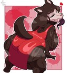 all_fours anthro bedroom_eyes big_breasts big_butt black_sclera bodily_fluids bone breasts brown_body brown_ears brown_fur brown_hair brown_tail butt clothing dress female fur hair half-closed_eyes heart_symbol long_hair looking_back musk narrowed_eyes presenting presenting_hindquarters rear_view red_clothing red_dress seductive skull skull_head slit_dress solo sweat tail text thick_thighs three-quarter_view white_eyes karikhuri scp_foundation scp-1471-a canid canine malo mammal skull_dog skulldog_(species) undead 2025 artist_name digital_media_(artwork)