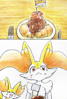 ambiguous_gender anthro blush blush_lines bodily_fluids cutlery drooling duo eyes_closed feral food fork fur happy inner_ear_fluff kitchen_utensils knife multicolored_body open_mouth orange_body orange_eyes orange_fur plate saliva sweat tail tongue tools tuft white_body white_fur eiroru nintendo pokemon braixen canid canine fennekin generation_6_pokemon mammal pokemon_(species) 2026 colored_pencil_(artwork) comic graphite_(artwork) hi_res traditional_media_(artwork)