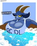 anthro big_breasts blue_body breasts cleavage clothed clothing female half-closed_eyes horizontal_pupils horn huge_breasts looking_at_viewer narrowed_eyes partially_submerged pupils question_mark soap_bubbles solo speech_bubble text water yellow_sclera zeglo-official coffee_stain_studios epic_games fortnite goat_simulator pilgor_(goat_simulator) bovid caprine goat mammal english_text hi_res