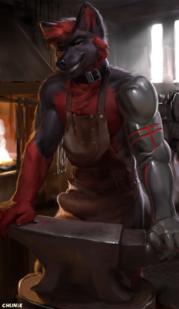anthro anvil apron black_body black_fur blacksmith bulge claws clothed clothing collar cybernetics detailed_background erection erection_under_clothing fur grin hair inside looking_at_viewer machine male muscular muscular_anthro muscular_male narrowed_eyes red_body red_fur red_hair smile solo chunie canid canine canis cyborg fox hybrid mammal wolf 2019 adobe_photoshop_(artwork) digital_media_(artwork) digital_painting_(artwork) hi_res painting_(artwork)