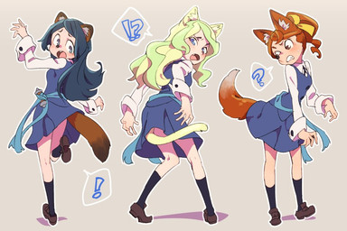 anthro bottomwear clothed clothing exclamation_point female footwear fur group hair question_mark school_uniform shoes skirt surprised transformation trio uniform bokujoukun little_witch_academia studio_trigger barbara_parker diana_cavendish hannah_england animal_humanoid canid canine domestic_cat felid feline felis fox humanoid mammal raccoon_dog tanuki 2017 3:2