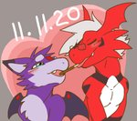 anthro duo heart_symbol male chicostyx bandai_namco digimon mythology pocky_and_pretz_day fan_character janus_the_dorumon sol_the_guilmon digimon_(species) dorumon dragon fanmon guilmon mythological_creature mythological_scalie reptile scalie x-digimon