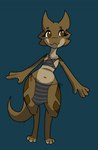 anthro bottomwear brown_eyes brown_tail clothing dark_body dark_scales eyelashes female grey_clothing markings multicolored_body multicolored_scales navel paws scales smile solo tail topwear two_tone_body two_tone_scales wide_hips squablodecomplash wiggles_(squablodecomplash) kobold reptile scalie 2019 hi_res