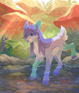 blue_body blue_eyes blue_fur cheek_tuft chest_tuft facial_tuft female feral fungus fur grass hair hooves leg_tuft light light_beam long_hair mouth_closed mushroom narrowed_eyes outside partially_submerged plant purple_body purple_fur purple_hair purple_hooves quadruped rock solo sunbeam sunlight three-quarter_view tuft unsigned water white_body white_fur corzh77 deer mammal absurd_res full-length_portrait hi_res portrait