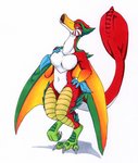 anthro beak female fur membrane_(anatomy) nude simple_background solo tail wings tierafoxglove capcom european_mythology monster_hunter mythology avian bird_wyvern crimson_qurupeco dragon mythological_creature mythological_scalie qurupeco scalie western_dragon wyvern hi_res