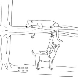 animal_genitalia ball_bite balls branch feral genitals group hooves imminent_ballbusting in_tree long_tail male male/male on_another open_mouth plant sharp_teeth sheath simple_background size_difference sleeping standing standing_on_another tail teeth tree trio white_background urbanhermit bovid canid canine caprine felid goat mammal pantherine 1982 black_and_white dated low_res monochrome