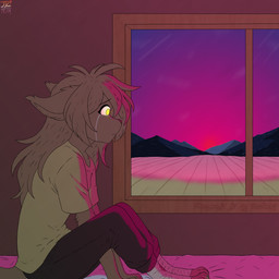 anthro bandage bed bedroom blood bodily_fluids bottomwear clothing dim_lighting female field footwear furniture glowing glowing_eyes grey_bottomwear grey_clothing grey_pants hair long_hair mountain pants pink_light shirt sitting solo sunset tail tears toeless_footwear topwear twilight window window_sill yellow_clothing yellow_eyes yellow_shirt yellow_topwear jordanos21 the_ks_(band) twokinds madelyn_adelaide basitin mammal 1:1 absurd_res hi_res