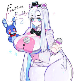 anthro big_breasts blue_eyes breasts clothed clothing crossgender electronics female fingers fully_clothed fur hair hat headgear headwear holding_microphone holding_object looking_at_viewer microphone mtf_crossgender puppet simple_background smile solo white_body white_fur white_hair togetoge five_nights_at_freddy's scottgames freddy_(fnaf) bear mammal 2023 digital_media_(artwork) hi_res