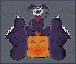 claws feet food foot_fetish foot_focus fruit glowing holidays humanoid_feet jack-o'-lantern kerchief looking_down nails open_mouth plant plantigrade pointed_tail pumpkin purple_body sharp_teeth tail teeth toe_claws brunwantsmeat bandai_namco digimon halloween digimon_(species) imp impmon hi_res