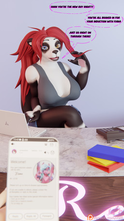 anthro big_breasts black_lips blue_eyes bottomwear breasts clothed clothed_anthro clothed_female clothing computer curvy_figure dialogue duo electronics eyebrows eyelashes female first_person_view hair heterochromia laptop lips long_hair looking_at_viewer male male/female pawpads phone phone_screen ponytail receptionist red_hair shorts skimpy solo_focus speech_bubble text thick_thighs wide_hips yellow_eyes xelli blizzard_entertainment warcraft fiana_(xelli) mio_(xelli) bear giant_panda human mammal pandaren 3d_(artwork) 9:16 blender_(artwork) blender_cycles_(artwork) digital_media_(artwork) english_text hi_res