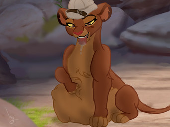 belly big_belly bodily_fluids clothing drooling female feral hat headgear headwear oral_vore saliva solo tongue tongue_out vore king_hg_21 disney the_lion_guard the_lion_king rani_(the_lion_guard) felid feline lion mammal pantherine