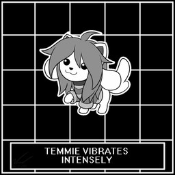 :3 anthro beady_eyes clothed clothing female feral fur hair happy pattern_background shirt simple_background smile solo text topwear white_body white_fur symbianl undertale undertale_(series) temmie_(undertale) canid canine felid mammal tem 1:1 2015 animated animated_gif english_text greyscale monochrome short_playtime