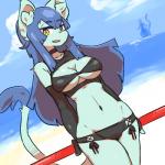 anthro beach blue_hair breasts cleavage clothed clothing cloud detailed_background ear_tuft female hair kemono long_hair looking_at_viewer open_mouth outside sand sea seaside sky solo tuft water yellow_eyes amboyna annabelle_(amboyna) felid feline mammal 1:1