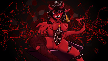 abstract_background aura black_background black_claws black_hair body_horror bone bracelet breasts choker claws clothing collar colored_skin curvy_figure ear_piercing ear_ring exposed_bone exposed_ribs fangs female fishnet_clothing fishnet_legwear freckles gore grin hair hat headgear headwear horn jewelry legwear looking_at_viewer magic multicolored_hair necklace open_torso pendant piercing pointy_ears reaching_towards_viewer reclining red_aura red_background red_body red_eyes red_skin rib_cage ring_piercing seductive sharp_teeth simple_background smile smoke solo spiked_bracelet spiked_collar spikes spread_legs spreading tail teeth thick_thighs thigh_highs tongue tongue_out white_hair wounded spaidynator demon humanoid 16:9 digital_media_(artwork) hi_res red_theme signature widescreen