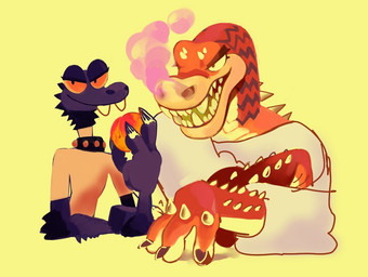 ambiguous_gender anthro clothing collar duo food fruit holding_food holding_fruit holding_object peach_(fruit) plant purple_body red_body red_scales scales sharp_teeth shirt simple_background size_difference smile smoke smoke_from_nose spikes spikes_(anatomy) studded_collar studs t-shirt teeth toony topwear white_clothing white_shirt white_t-shirt white_topwear yellow_background iggy_craig alligator alligatorid crocodilian reptile scalie
