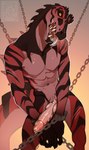 abs amber_eyes anthro bodily_fluids bound chain chained erection knot male navel saliva solo teeth tongue tongue_out 1cassius1 dinosaur prehistoric_species reptile scalie absurd_res digital_drawing_(artwork) digital_media_(artwork) hi_res