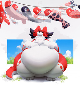 3_fingers 3_toes ambiguous_gender anthro belly big_belly big_ears black_markings blue_sky countershade_legs countershade_tail countershade_thighs countershade_torso countershading cracked_ground cracks day dipstick_ears ear_markings eyelashes featureless_crotch feet fingers front_view fur gloves_(marking) green_grass huge_belly huge_hips huge_thighs hyper mane markings multicolored_ears naturally_censored paw_pose perspective-incorrect_texturing pose red_body red_fur red_tail sky solo tail thick_thighs toes white_body white_countershading white_fur white_mane wide_hips miluinaoxie bandai_namco digimon fakemon mythology carmine_(weighty-kyte) ambient_fish ambient_sealife amur_carp aquatic carp cyprinid cypriniform digimon_(species) dragon fish furred_dragon furred_scalie inanimate_object koi mythological_creature mythological_scalie scalie typical_carp 2023 colored digital_media_(artwork) digital_painting_(artwork) full-length_portrait hi_res painting_(artwork) portrait shaded male_(lore)