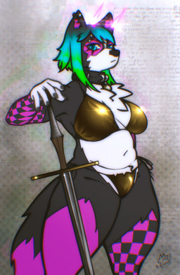 anthro big_breasts bikini black_nails blue_hair breasts camel_toe clothing collar colored_nails female glistening glistening_clothing glistening_swimwear gold_bikini green_hair hair horn melee_weapon nails piercing solo sparklefur swimwear sword thick_thighs two-piece_swimsuit weapon wide_hips dogesterone golden_week nox_(dogesterone) australian_shepherd canid canine canis domestic_dog herding_dog mammal pastoral_dog sheepdog hi_res trans_(lore) trans_woman_(lore)