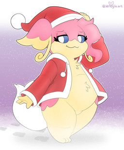 :3 ambiguous_anthro ambiguous_gender anthro blue_sclera bottomless christmas_clothing christmas_headwear clothed clothing countershade_face countershade_torso countershading eyelashes featureless_chest featureless_crotch half-closed_eyes hat headgear headwear holidays looking_at_viewer narrowed_eyes santa_hat shortstack xenoyia christmas nintendo pokemon audino generation_5_pokemon pokemon_(species) colored digital_media_(artwork) hi_res