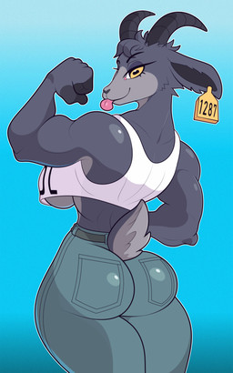 anthro belt big_breasts big_butt bottomwear breasts butt clothed clothing crop_top denim denim_bottomwear denim_clothing ear_piercing ear_tag female flexing flexing_bicep fur grey_body grey_fur horizontal_pupils jeans muscular muscular_anthro muscular_female no_bra pants piercing pupils shirt short_tail simple_background solo tail topwear yellow_eyes snappygrey coffee_stain_studios goat_simulator pilgor_(goat_simulator) bovid caprine goat mammal absurd_res hi_res