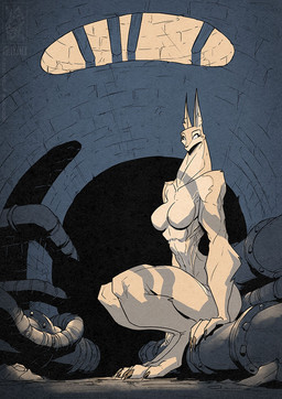 abs anthro breasts claws empty_eyes featureless_breasts female fur looking_at_viewer nude plumbing_pipe sewer solo tan_body tan_fur underground white_eyes conditional_dnp jollyjack mythology canid canine mammal mythological_canine mythological_creature werecanid werecanine werecreature werewolf