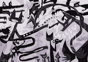 abstract_background ambiguous_gender anthro black_body black_fur feral fur group long_neck purple_and_black surrealism naircat canid canine crocodile crocodilian domestic_cat felid feline felis mammal reptile scalie 2017 digital_drawing_(artwork) digital_media_(artwork) microsoft_paint_(artwork) monochrome purple_theme