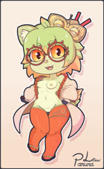 4_fingers accessory alternate_species anthro belly black_clothing border bottomwear breasts cat_nose chibi clothed clothing cosplay costume cute_fangs dark_pupils erect_nipples eye_through_hair eyelashes eyelashes_through_hair eyewear fangs feet female fingers fishnet_clothing fishnet_legwear flip_flops footwear fur genitals glasses gloves green_body green_fur green_hair hair hair_accessory handwear leaf leaf_hair leaf_tail legwear lighter_belly looking_at_viewer medium_breasts navel nipples orange_clothing orange_eyes orange_hair orange_legwear orange_nipples orange_pussy orange_thigh_highs plant plant_hair pseudo_hair pussy round_glasses sandals shoes short_hair short_stack simple_background slightly_chubby slightly_chubby_anthro slightly_chubby_female smile smiling_at_viewer solo standing tail teeth teeth_showing thigh_highs three-quarter_view tight_clothing tight_legwear tights toes tongue tongue_showing translucent translucent_clothing translucent_hair parura_lew_(artist) nintendo tears_of_the_kingdom the_legend_of_zelda phina_(parura_lew) purah animal_humanoid felid felid_humanoid feline feline_humanoid humanoid mammal mammal_humanoid 2023 2d_animation animated colored digital_media_(artwork) full-length_portrait hi_res line_art loop motion_tweening no_sound portrait shaded short_playtime signature webm