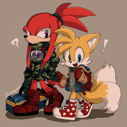 anthro backpack blue_eyes clothing dipstick_tail duo footwear fur gloves hair handwear male markings multicolored_tail open_mouth open_smile ponytail purple_eyes smile tail tail_markings white_body white_fur yellow_body yellow_fur nonananana sega sonic_the_hedgehog_(series) knuckles_the_echidna miles_prower canid canine echidna fox mammal monotreme 1:1 2015 signature