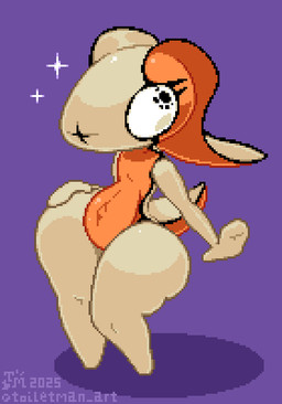 big_eyes bodysuit clothing countershade_tail countershade_torso countershading female hand_on_hip navel nude orange_bodysuit orange_clothing orange_skinsuit posing_for_picture purple_background shadow short_tail shortstack shortstack_female simple_background skinsuit solo sparkles tail text tight_clothing voluptuous_female wide_hips toilet_man squishy_(toilet_man) ribbon_worm worm 2025 artist_name digital_media_(artwork) pixel_(artwork) signature