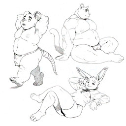 anthro belly big_belly bottomwear bulge clothing kemono loincloth male moobs navel nipples overweight overweight_male simple_background sitting slightly_chubby solo walking white_background jokjaebissi domestic_cat felid feline felis lagomorph leporid mammal mouse murid murine rabbit rodent 1:1 2025 hi_res