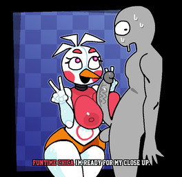anthro areola balls beak big_breasts big_penis blue_background bodily_fluids breasts checkered checkered_background clothing dialogue duo eyelashes female fingers genitals gesture grey_body hand_gesture head_feathers head_tuft huge_breasts looking_away machine male male/female nipples nude orange_clothing orange_panties orange_underwear panties pattern_background penis pink_areola pink_eyes pink_nipples rosy_cheeks simple_background sweat sweatdrop text thick_thighs tuft underwear v_sign vein veiny_penis white_body wide_hips crushtrap five_nights_at_freddy's freddy_fazbear's_pizzeria_simulator scottgames funtime_chica_(fnaf) animatronic avian bird chicken galliform human mammal phasianid robot 2023 digital_media_(artwork) english_text