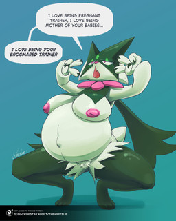 4_fingers anthro bedroom_eyes big_breasts breasts female female_anthro fingers fur gesture green_body green_fur hand_gesture narrowed_eyes nipples open_mouth pink_eyes pink_nipples pink_nose pregnant pregnant_anthro pregnant_female pubes seductive simple_background solo speech_bubble text v_sign white_lie nintendo pokemon subscribestar generation_9_pokemon meowscarada pokemon_(species) 2026 absurd_res colored english_description english_text hi_res shaded