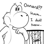 ambiguous_gender anthro cage dialogue duo imprisoned male sign simple_background text whiskers white_background nishi_oxnard mario_bros nintendo oxynard cricetid hamster mammal rodent yoshi 1:1 black_and_white english_text monochrome