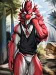 2_horns anthro biceps clothing hair horn male pecs red_body red_hair shirt solo tank_top topwear dagantfus_(artist) mythology dragon eastern_dragon mythological_creature mythological_scalie scalie 3:4 hi_res