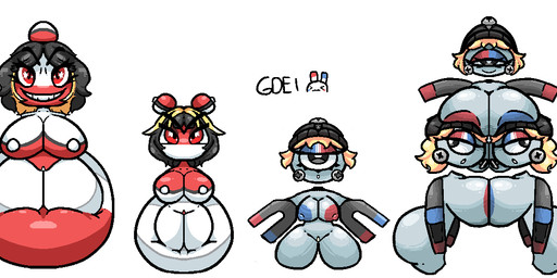 1_eye bedroom_eyes big_breasts big_butt blonde_hair breasts butt female genitals grin group hair makeup mismatched_nipples multicolored_body multicolored_hair narrowed_eyes nipples open_mouth pokeball red_eyes seductive smile thick_thighs gdei nintendo pokemon electrode_(pokemon) generation_1_pokemon humanoid magnemite magneton pokemon_(species) voltorb