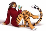 anthro beverage bottomless brown_hair claws clothed clothing cocktail_glass container crossed_legs cup drinking_glass fangs female fur glass glass_container glass_cup green_eyes hair orange_body orange_fur sabertooth_(anatomy) simple_background smile solo striped_body striped_fur stripes sweater sweater_only teeth topwear topwear_only turtleneck white_background mocha-wing alex_marx felid mammal pantherine tiger hi_res