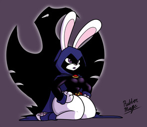 anthro belt big_breasts big_butt biped black_lips breasts butt clothing female hands_on_legs hands_on_thighs huge_hips huge_thighs kneeling kneeling_on_ground leotard lips long_ears pawpads purple_eyes shortstack shortstack_female small_waist solo stern_look thick_thighs tight_clothing wide_hips rubbermage dc_comics raven_(dc) avian bird corvid corvus_(genus) lagomorph leporid mammal oscine passerine rabbit raven shadow_creature 2017 hi_res signature