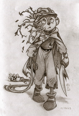 ambiguous_gender armor bottomwear cape clothing earmuffs eye_bags footwear headgear helmet holding_object holding_weapon jewelry long_arm looking_up melee_weapon necklace open_mouth pants plant_growth puppet shirt shoes simple_background solo sword topwear torn_clothing unusual_anatomy unusual_arms weapon wooden_body leviticusr a_tree_of_palme palme animate_inanimate detailed monochrome sketch traditional_media_(artwork)