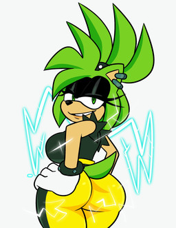 accessory anthro big_breasts big_butt blue_electricity bottomwear bracelet breasts butt clothing cosplay countershade_face countershading ear_piercing eyelashes female fusion gloves green_body green_eyes grin hair hair_accessory hair_tie handwear jewelry lipstick looking_back makeup pants piercing ponytail shirt smile solo sparkles studded_bracelet studded_hair_tie studded_jewelry studs tail tied_hair topwear torn_clothing torn_sleeves torn_topwear monamania idw_publishing sega sonic_the_hedgehog_(comics) sonic_the_hedgehog_(idw) sonic_the_hedgehog_(series) amy_rose surge_the_tenrec eulipotyphlan hedgehog mammal 2025 hi_res