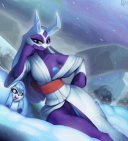 anthro anthrofied areola blue_areola blue_body blue_eyes blue_nipples breasts clothing dress female genitals horn looking_at_viewer nipples solo vulva white_clothing wide_hips lennoxicon nintendo pokemon eeveelution generation_4_pokemon generation_9_pokemon glaceon mega_evolution mega_froslass pokemon_(species) absurd_res hi_res